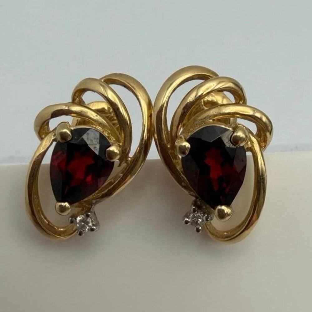 14K Yellow Gold Pear Garnet Diamond Swirl Statement Post Earrings Estate Fine